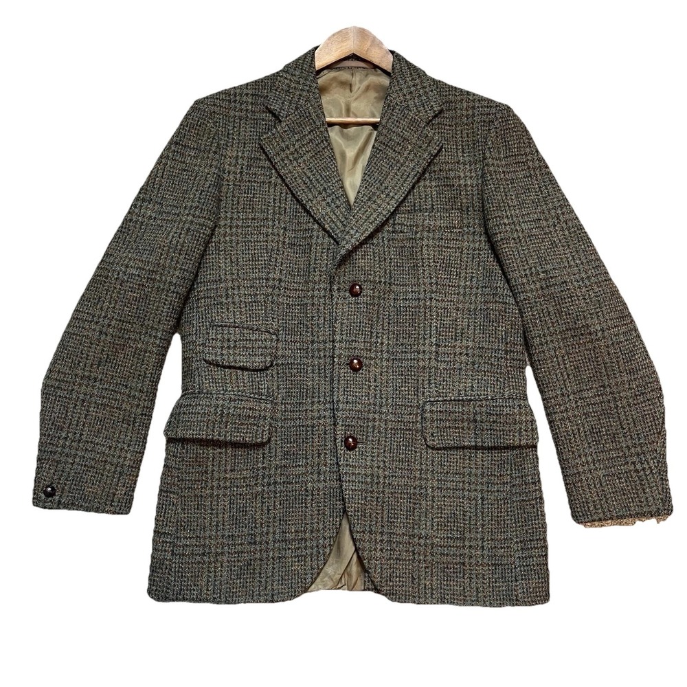 VTG Dunn & Co Harris Tweed Brown Plaid Wool Blazer Sport Coat *missing button*